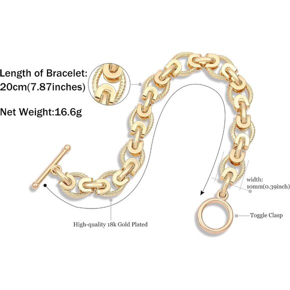 Women's 18k Gold Plated Chunky Cuban Oval Link Chain Bracelets Toggle Rope - Picture 3 of 6